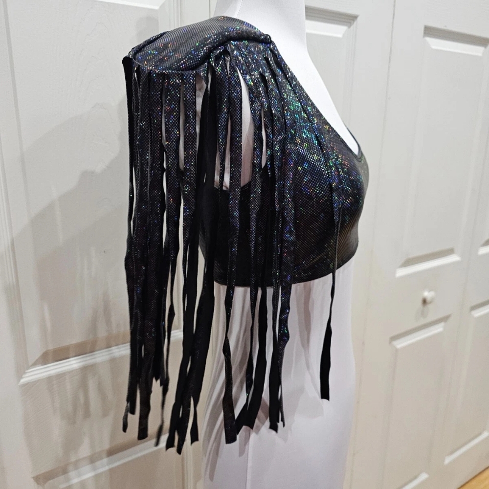 Dolls Kill Black Holographic Rave Roma Holo Shimmer Fringe Crop Top S New - Picture 3 of 7